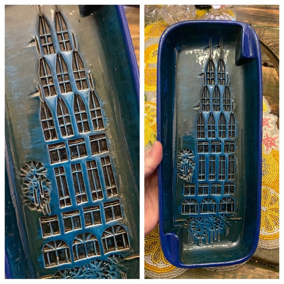 Bitossi Other - Vintage Bitossi Blue Glaze Campus Pattern Italian Rectangular Plate